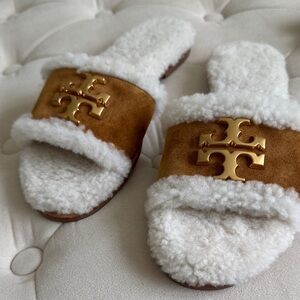Tory Burch Tan and White Shearling Slippers